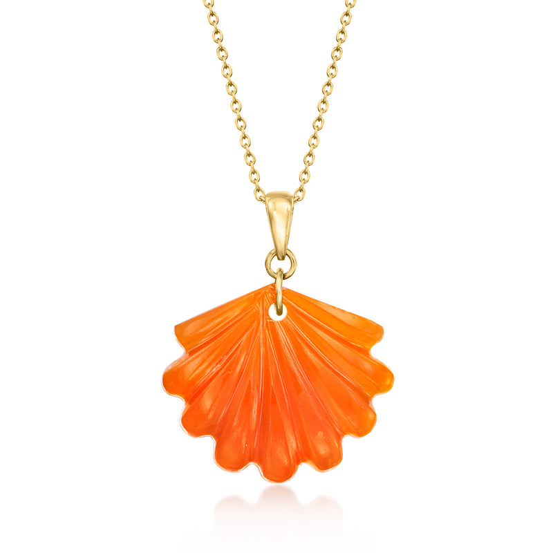 Orange carved seashell pendant necklace with gold-tone chain and bail