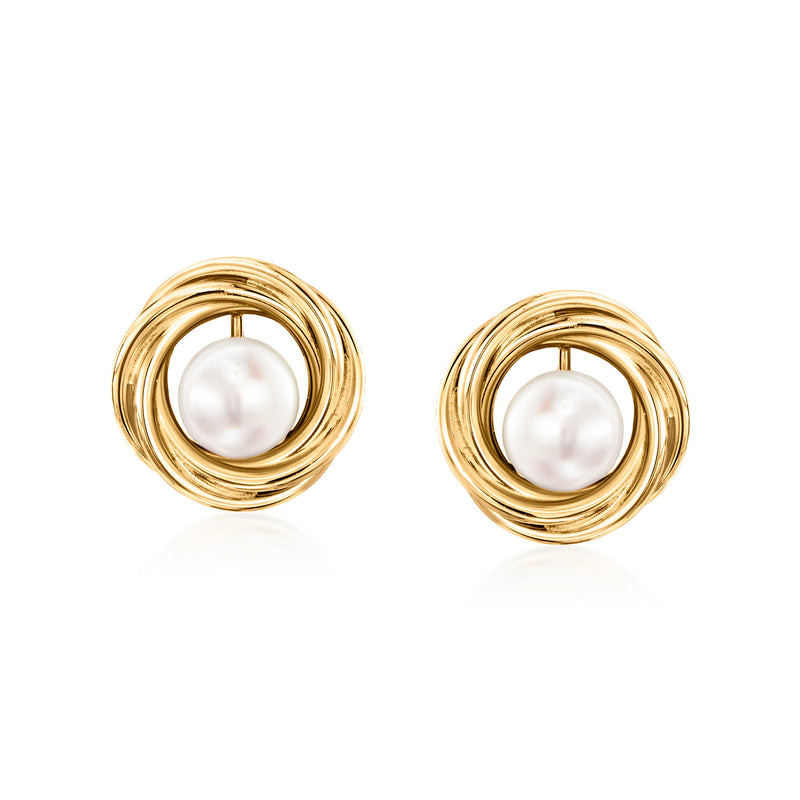 14kt yellow gold swirl stud earrings with white cultured pearls