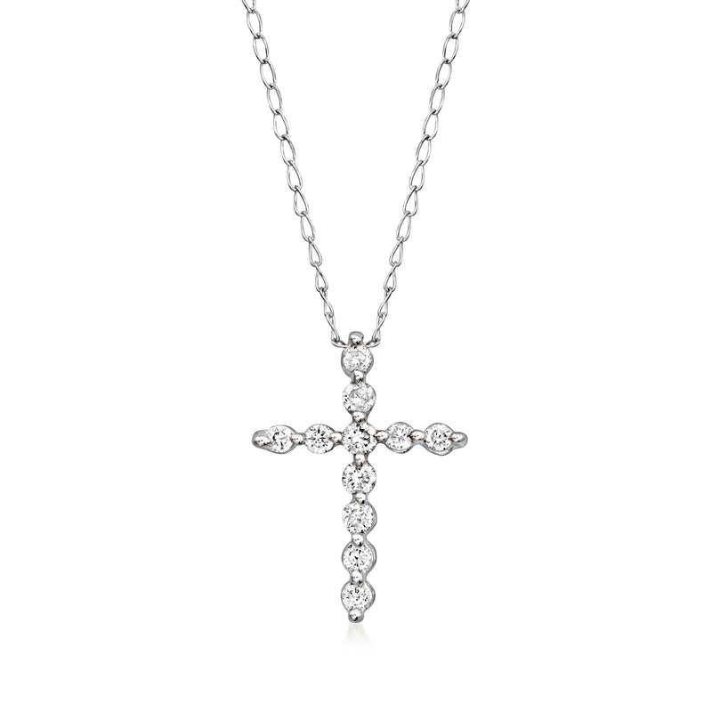 10kt white gold diamond cross pendant necklace with round stones, on a chain