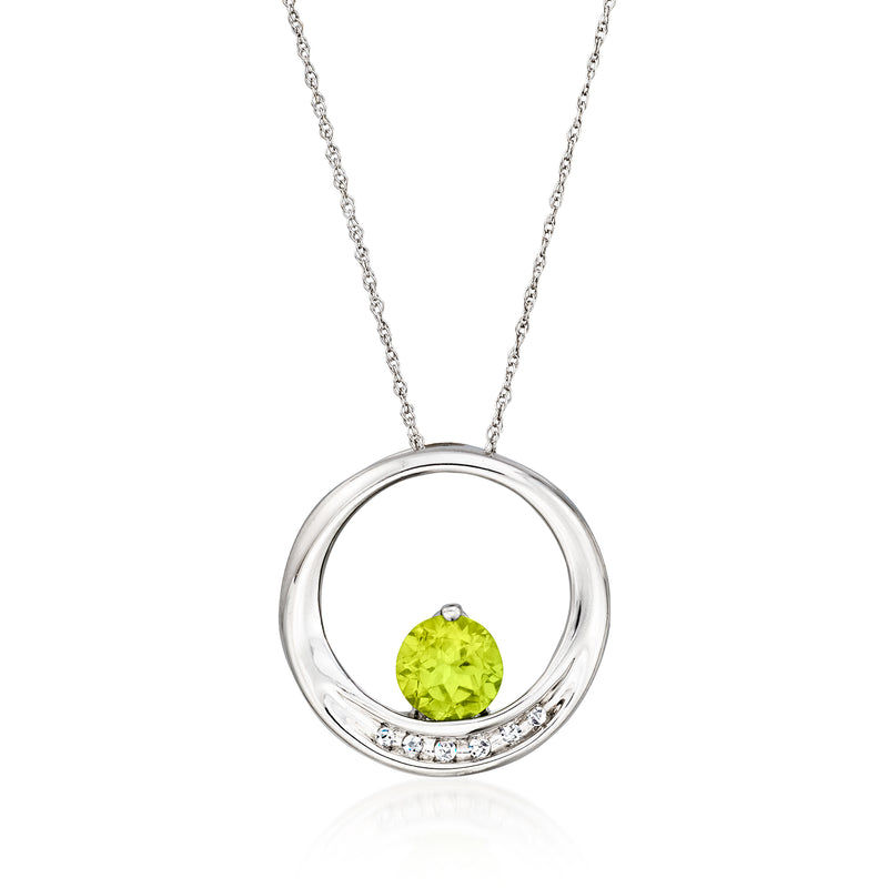 10kt white gold round circle pendant necklace with peridot center stone and diamond accents