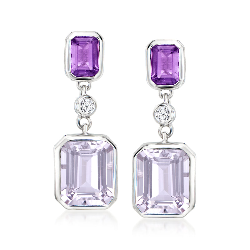 Sterling silver amethyst and lab-grown diamond drop earrings, square purple stones