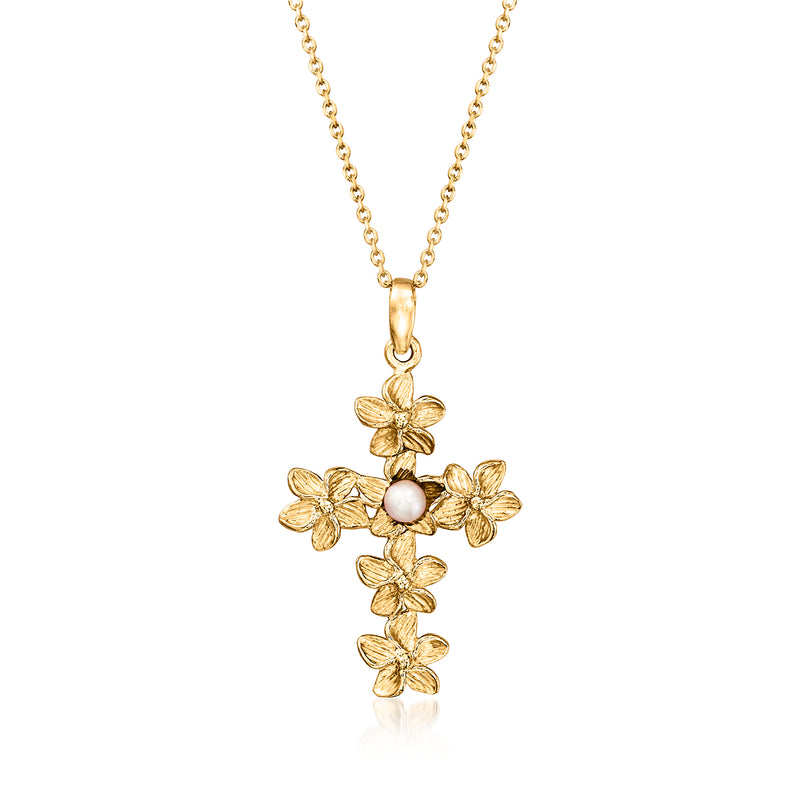 14kt yellow gold cross pendant necklace with cultured pearl floral design