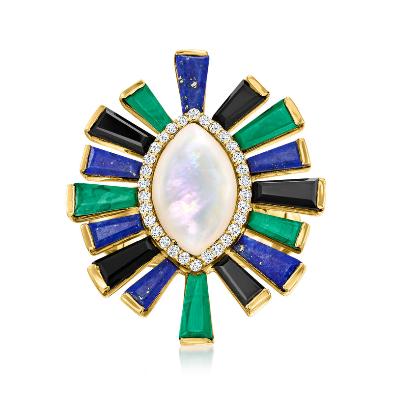 18kt yellow gold ring with oval opal and multi-gemstone halo, diamond accents