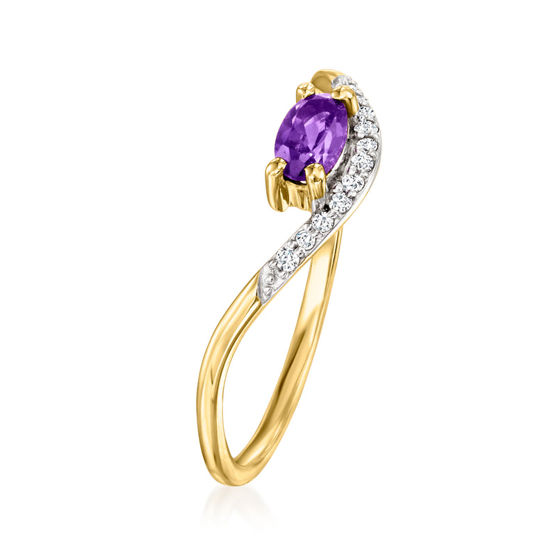 14kt yellow gold amethyst and diamond ring with oval purple gemstone and side diamonds