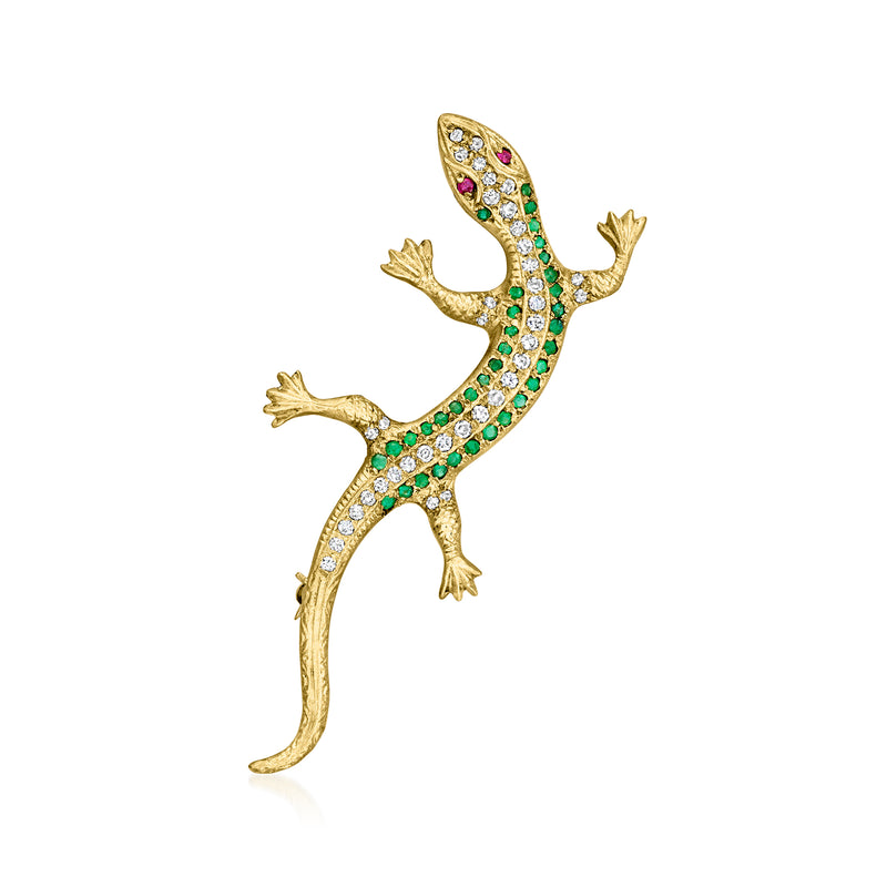 18kt yellow gold lizard pin with green emerald, red ruby, and clear diamond accents