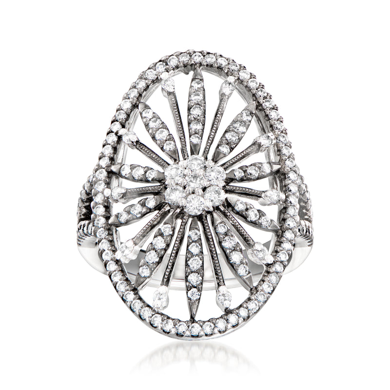 Diamond openwork ring in white gold with round center and radiating fan accents