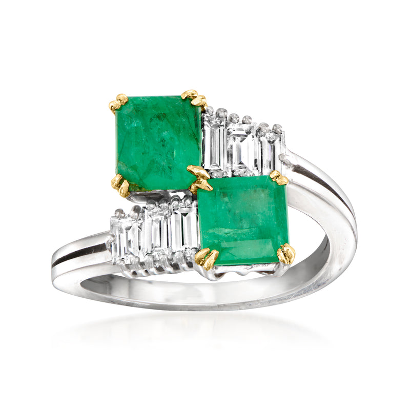 Emerald-cut green stone bypass ring with baguette diamonds, white gold
