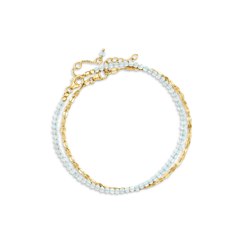 Two-piece anklet set with light blue aquamarine beads and gold chain sections