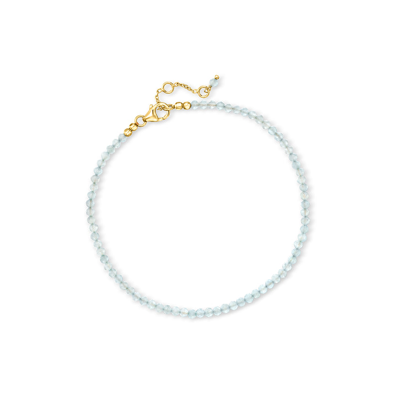 Aquamarine bead anklet with 18kt gold over sterling chain and small link clasp