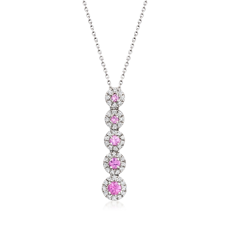 18kt white gold linear drop necklace with five pink sapphire and diamond rounds