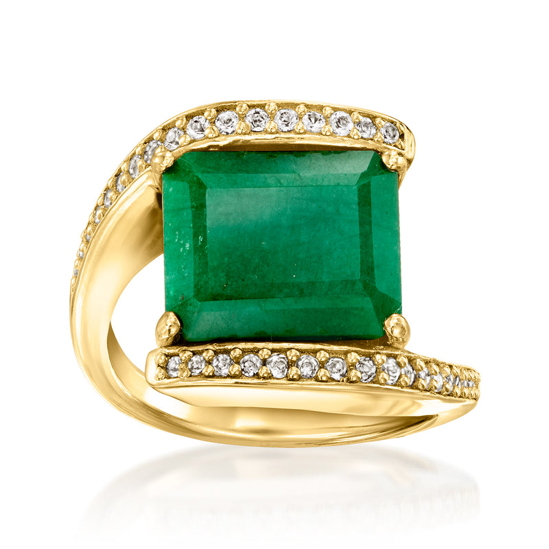 Emerald-cut green gemstone bypass ring in 18kt gold over sterling with white stones