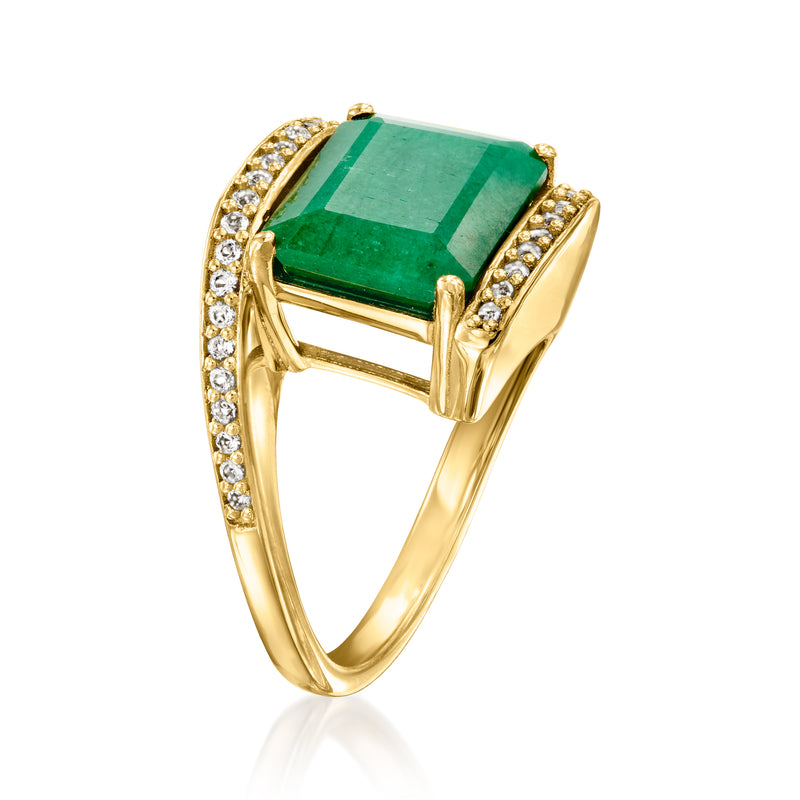 Emerald bypass ring with white topaz accents in gold over sterling