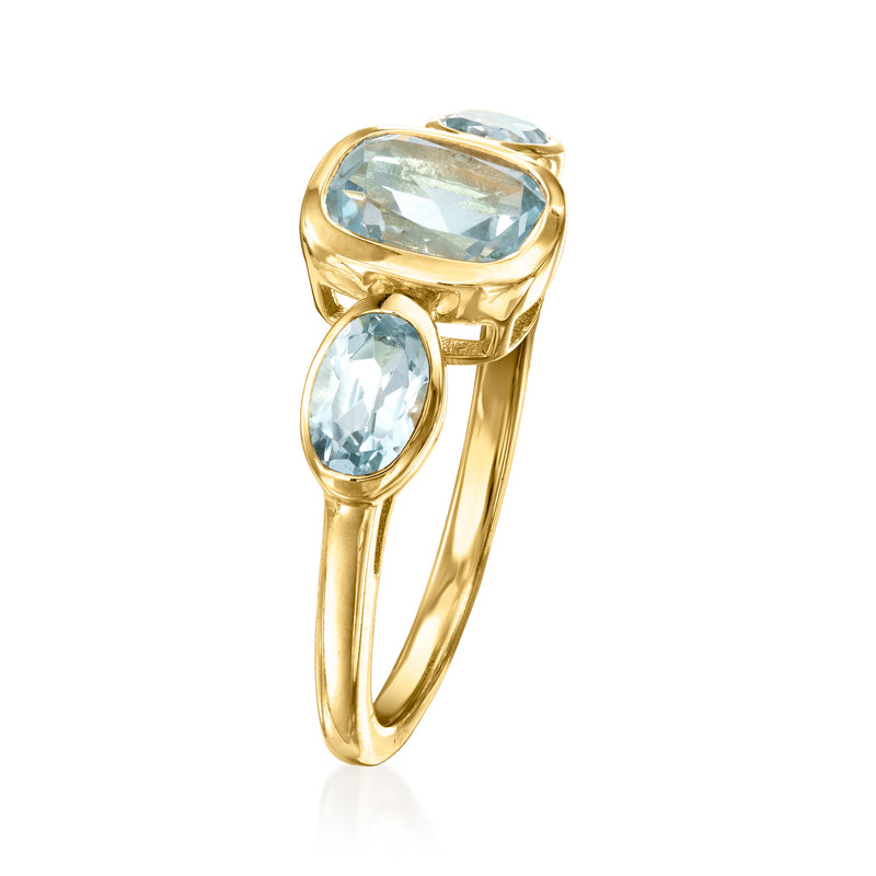18kt gold over sterling ring with sky blue topaz three-stone design, oval stones in bezels