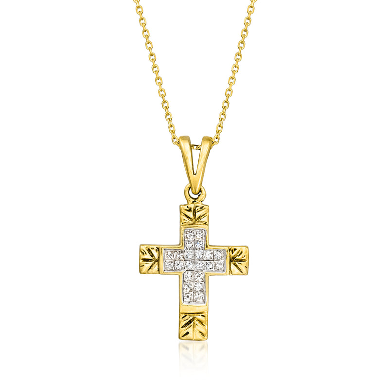 14kt yellow gold diamond cross pendant necklace with small prong-set stones