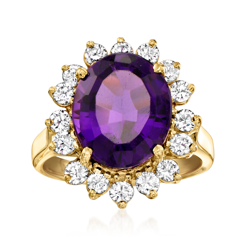 14kt yellow gold amethyst and diamond halo ring, oval purple stone with round diamonds
