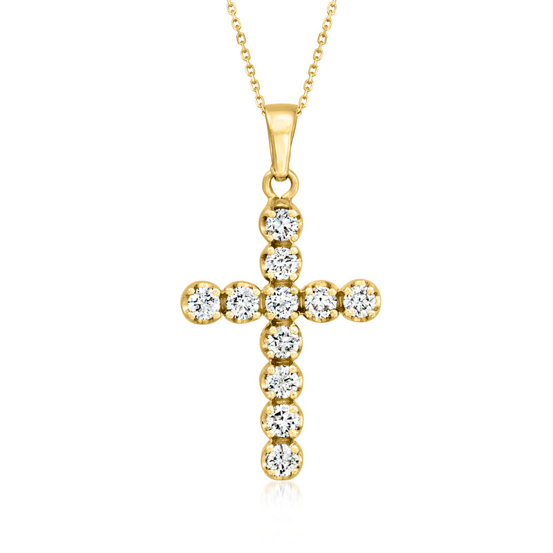 14kt yellow gold diamond cross pendant necklace with round stones