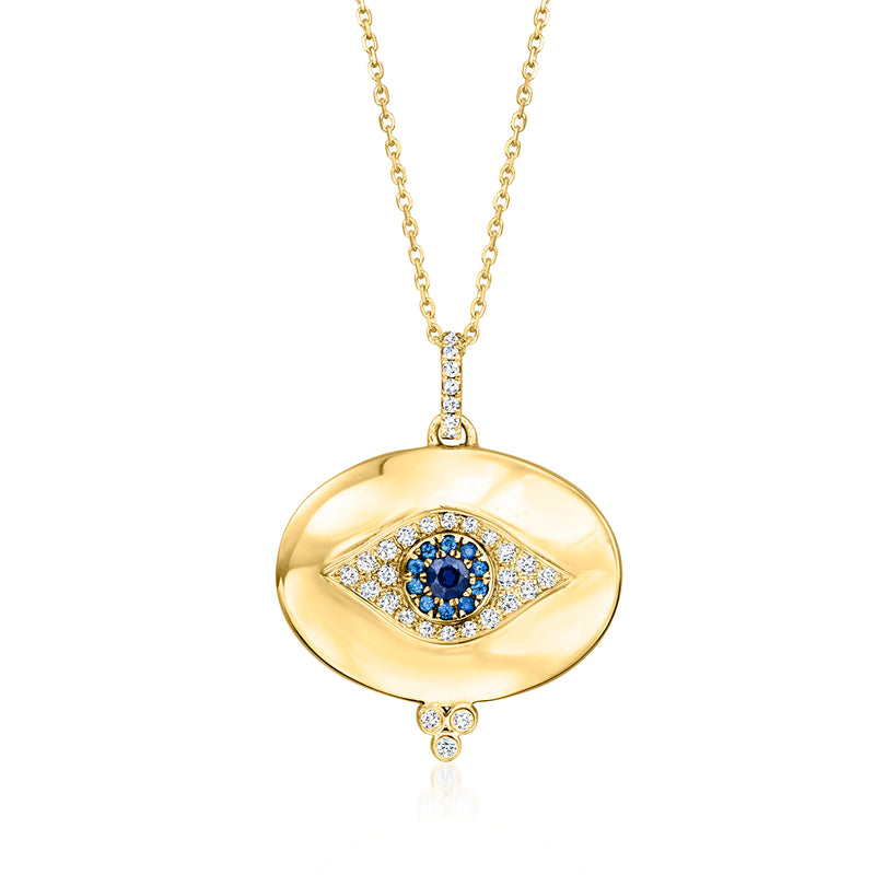 Yellow gold evil eye pendant necklace with blue sapphire center and diamond accents.