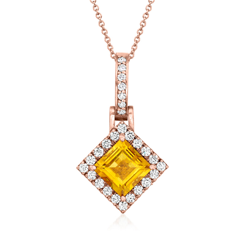 Rose gold pendant necklace with square citrine center and diamond halo