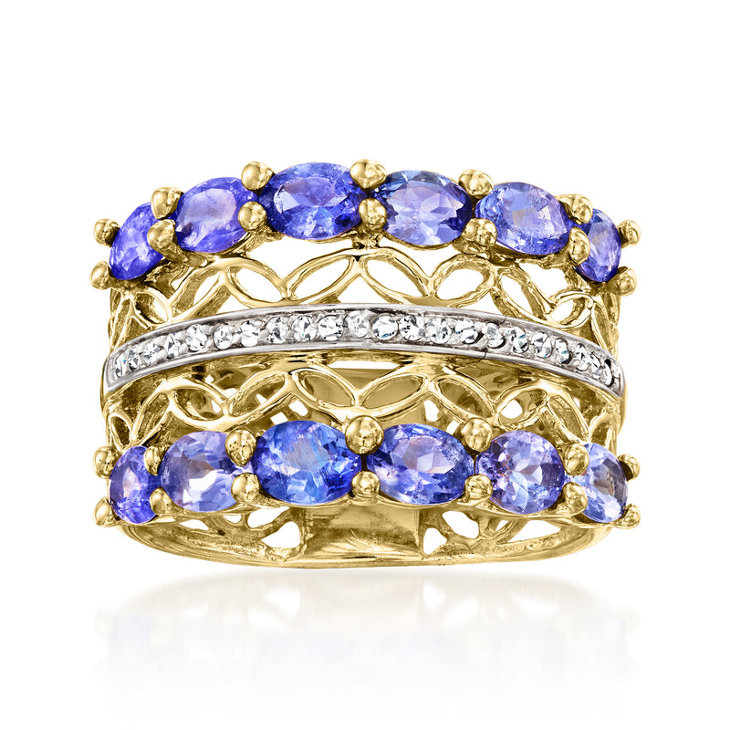 14kt yellow gold multi-row ring with blue oval tanzanite stones and diamond band