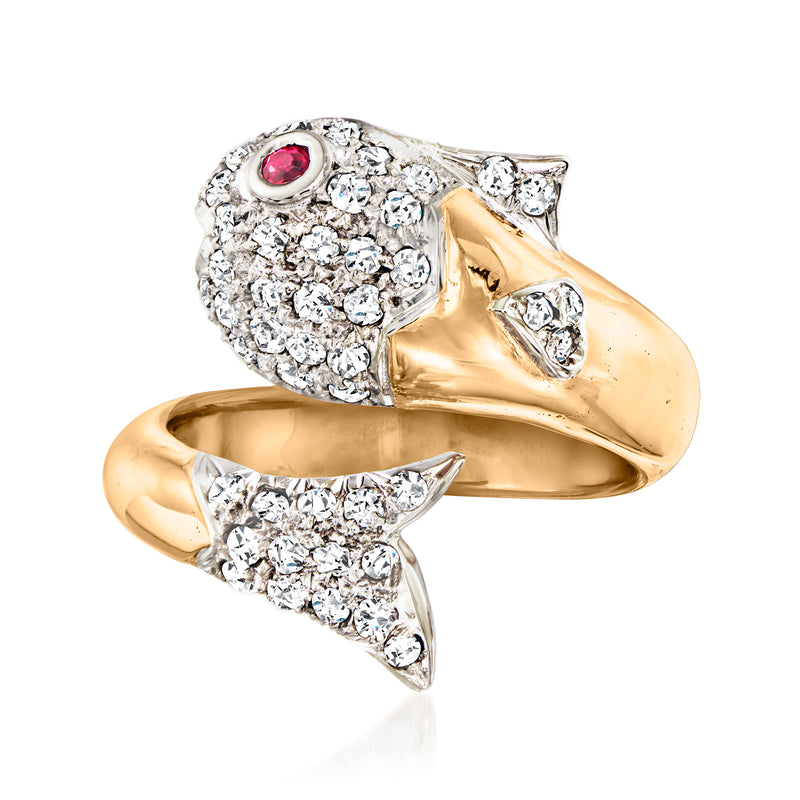 Vintage 14kt yellow gold fish ring with diamond scales and single ruby eye
