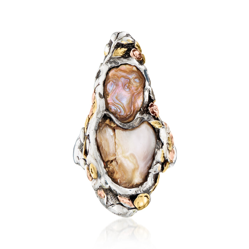 Vintage sterling silver pearl ring with multicolored oval cultured pearl bezel