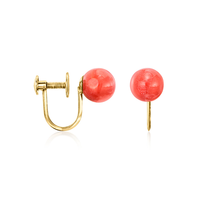 Clip-back coral bead earrings with gold posts, round red beads