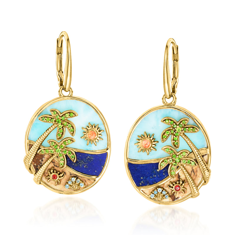 Gold-tone round drop earrings with leverback, beach scene with palms, sun, blue water