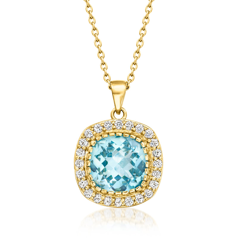 Gold-tone sky blue topaz pendant necklace with white gemstone halo