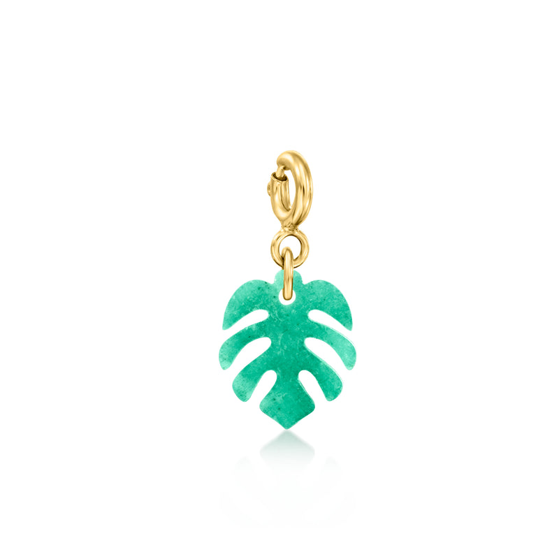 Gold charm with green enamel palm leaf, dangling from a small hoop