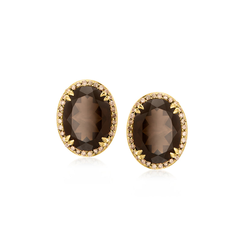 Pair of 14kt yellow gold oval smoky quartz stud earrings with brown diamond halo