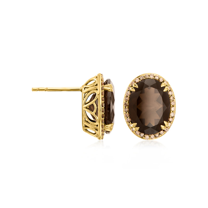 14kt yellow gold oval smoky quartz post earrings with brown diamond halo