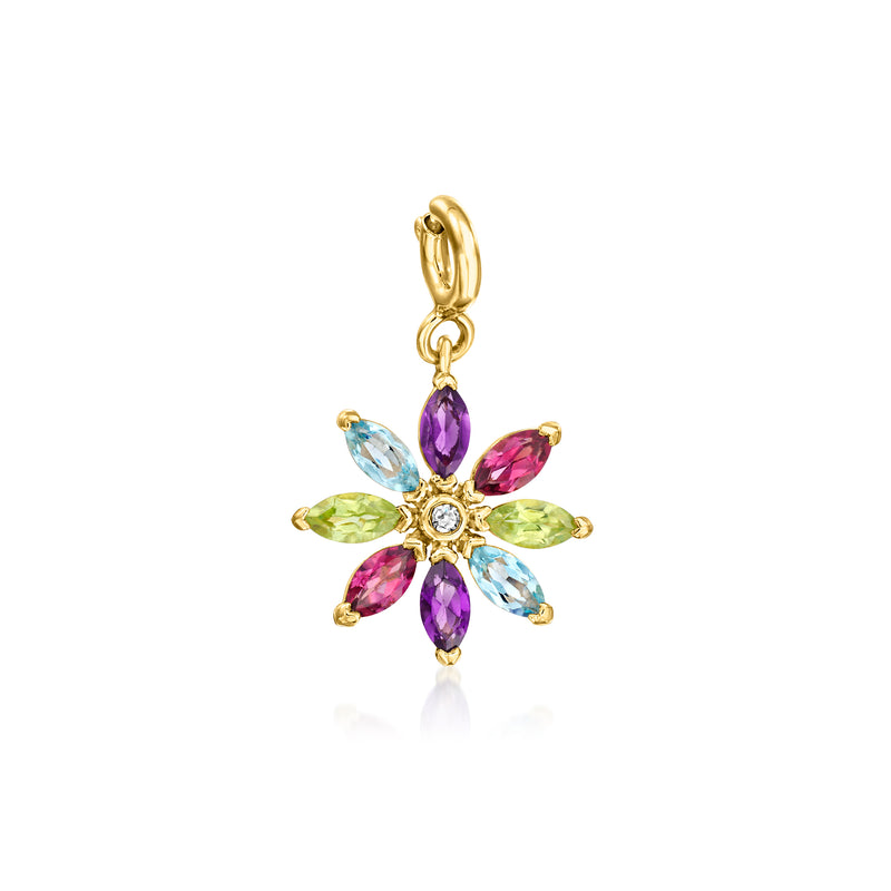 Gold flower charm with multi-color oval gemstones and a diamond-like center halo