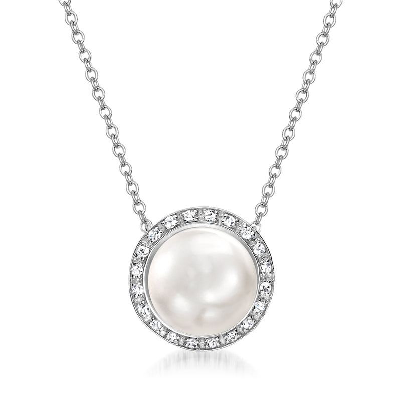 Cultured pearl pendant with diamond halo, white gold chain necklace