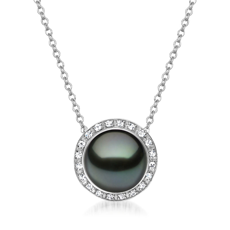 Black cultured pearl pendant necklace with diamond halo in white gold
