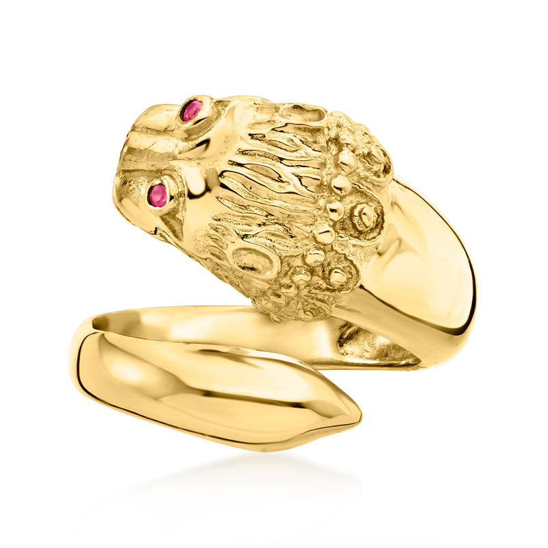 Vintage yellow gold lion head ring with three ruby cabochons, sculpted mane setting