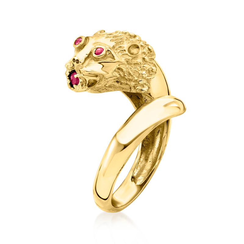 Vintage yellow gold lion face ring with three ruby stones and open band