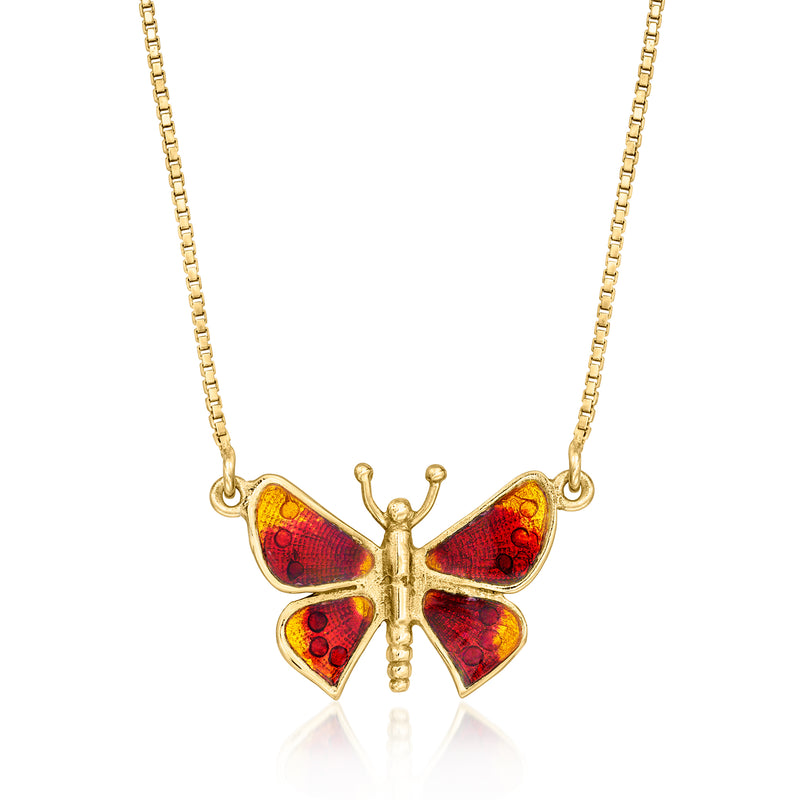 Vintage yellow gold butterfly necklace with red and orange enamel wings