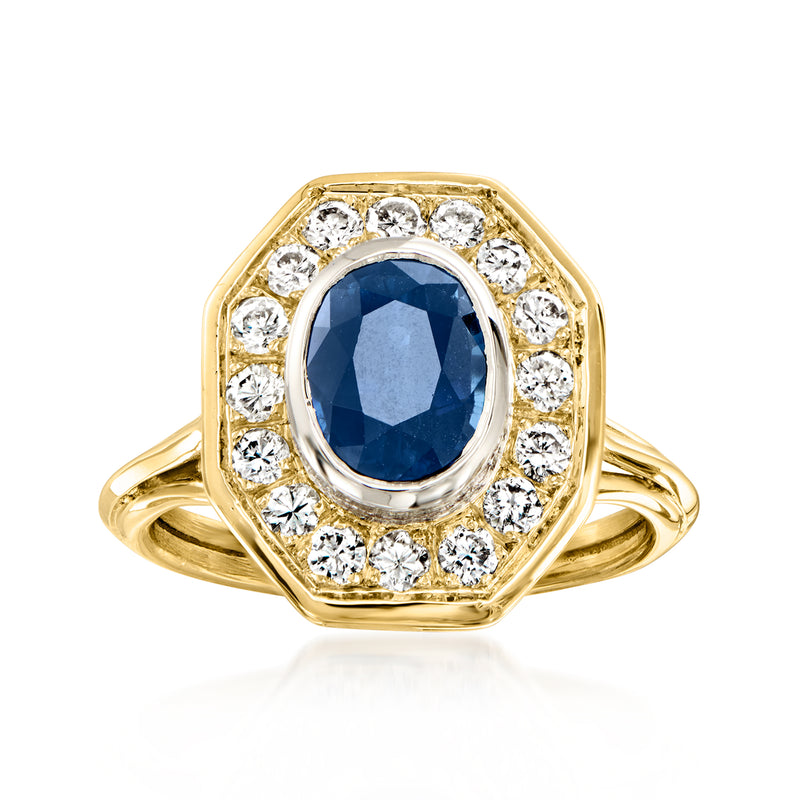 14kt yellow gold vintage ring with oval blue sapphire and diamond halo