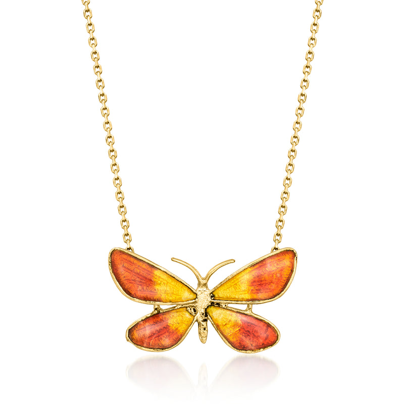 Multicolored enamel butterfly necklace on 14kt yellow gold chain