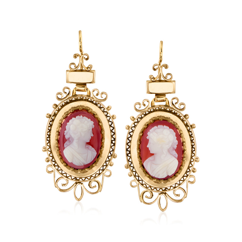 10kt yellow gold drop earrings with red agate cameo and ornate oval filigree settings