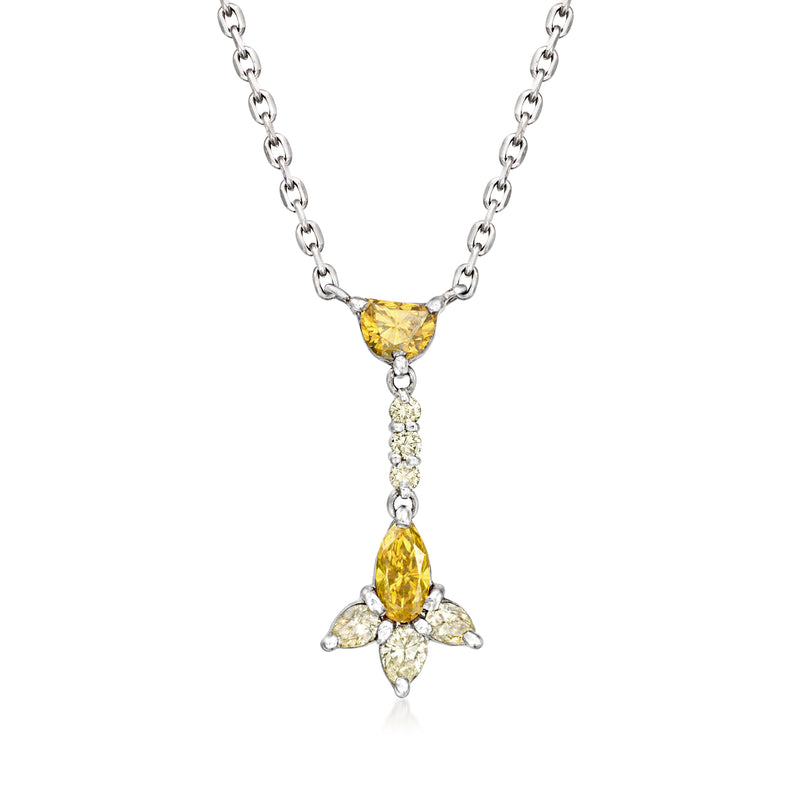 Vintage Y-drop diamond necklace with platinum chain and yellow teardrop pendant