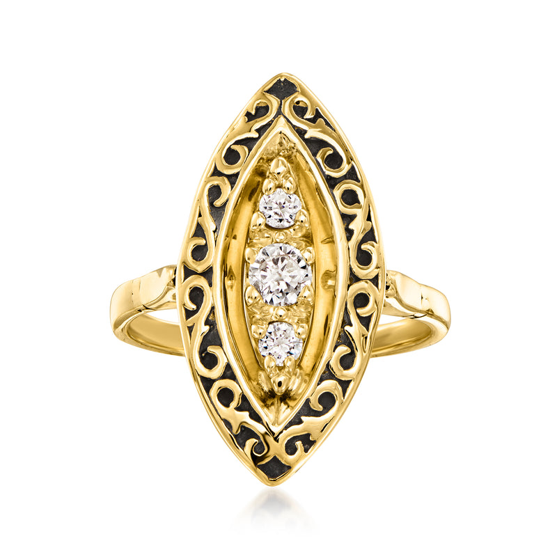 14kt yellow gold navette ring with black enamel and three diamond-like stones