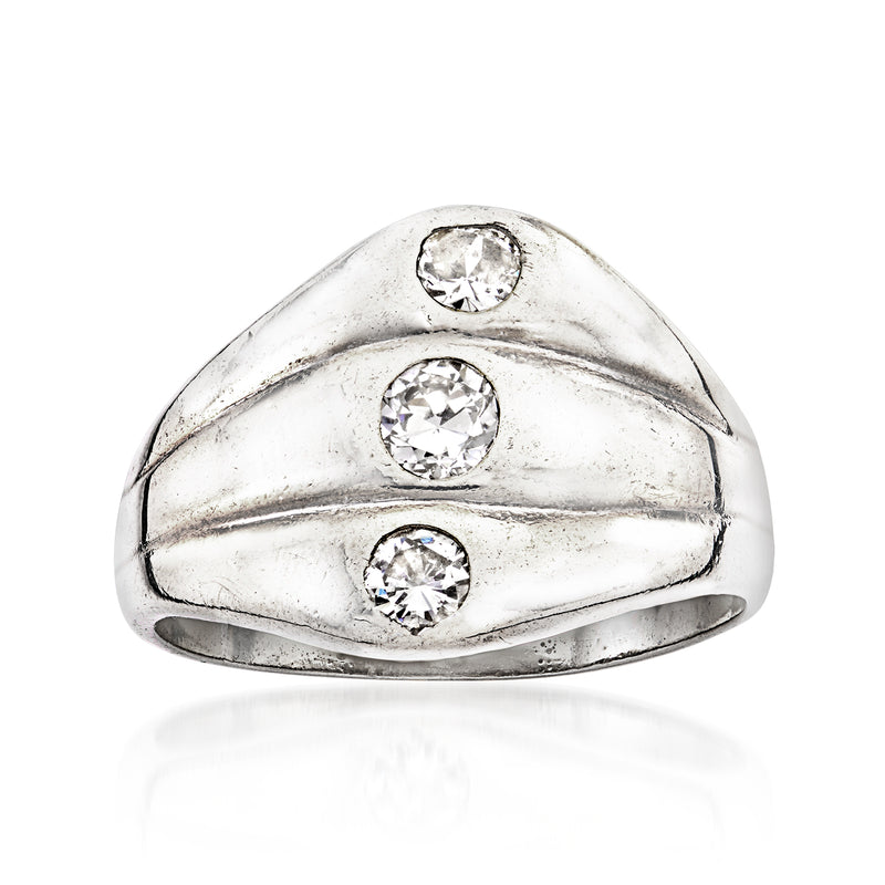 Vintage 14kt white gold diamond trio ring with three round stones, domed top