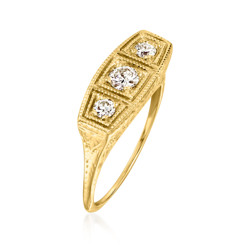 14kt yellow gold vintage trio diamond ring, three round brilliant-cut stones in square settings