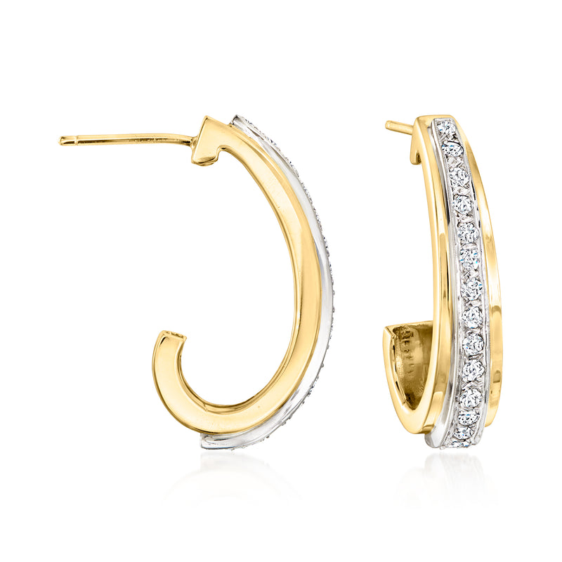 Vintage 14kt yellow gold J-hoop earrings with diamond accents