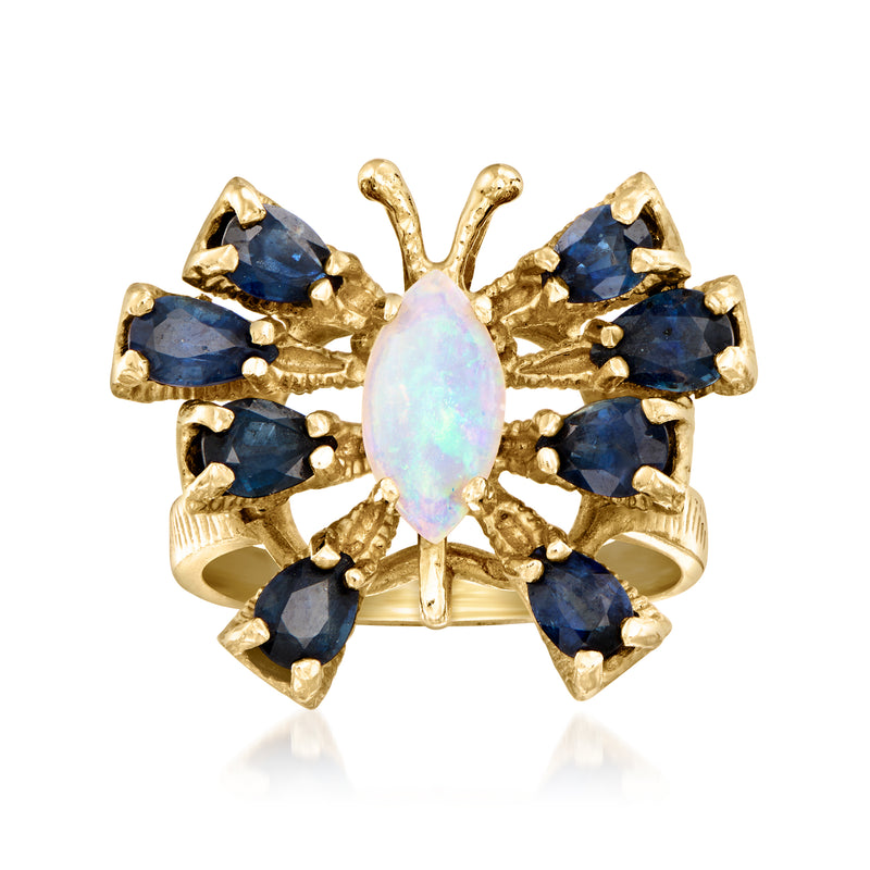 14kt yellow gold butterfly ring with opal center and blue sapphire accents