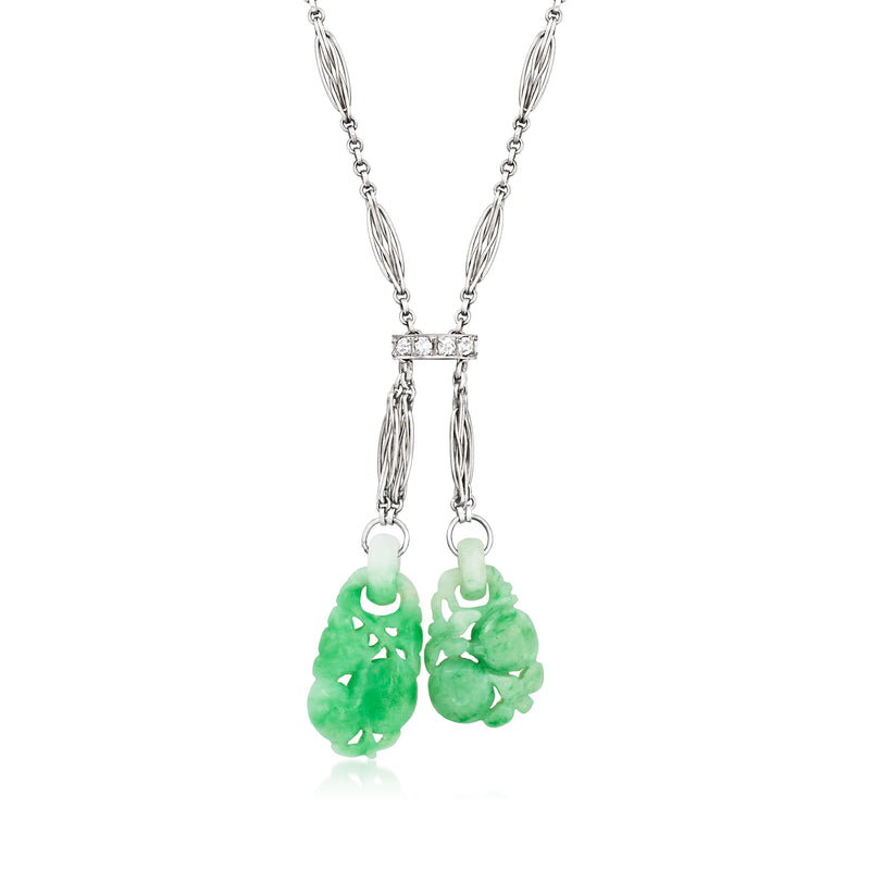 Platinum necklace with diamond top and carved green jade double-drop pendant