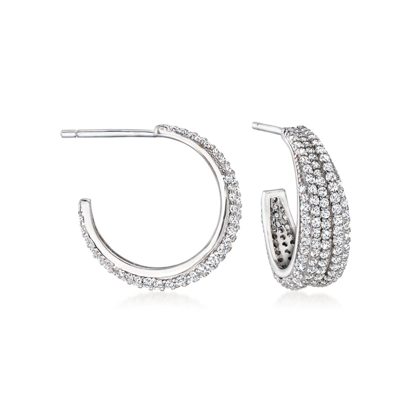 Sterling silver CZ pave hoop earrings, left and right pair view
