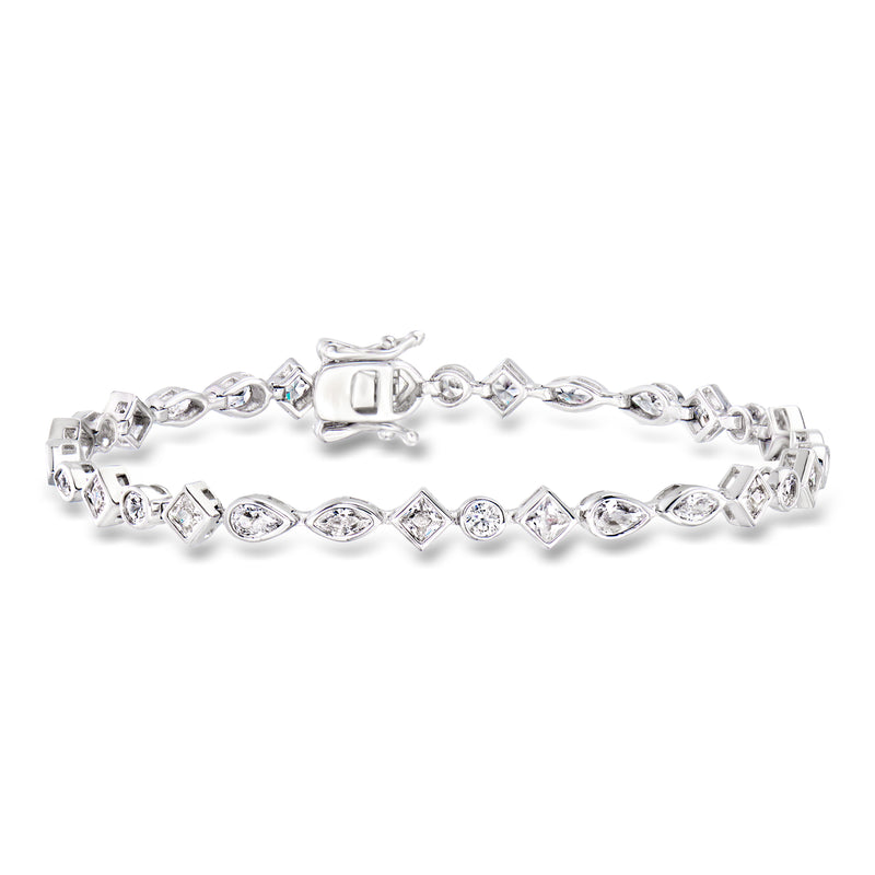 Sterling silver CZ tennis bracelet with multi-shaped clear stones and hinged clasp