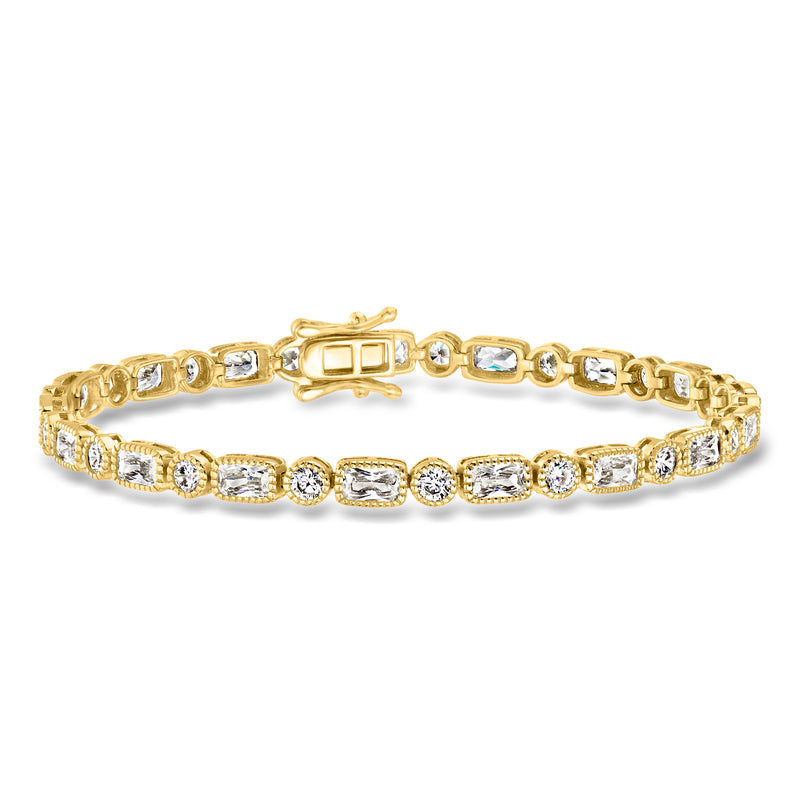 Gold over sterling tennis bracelet with oval and round CZ stones, hinged clasp